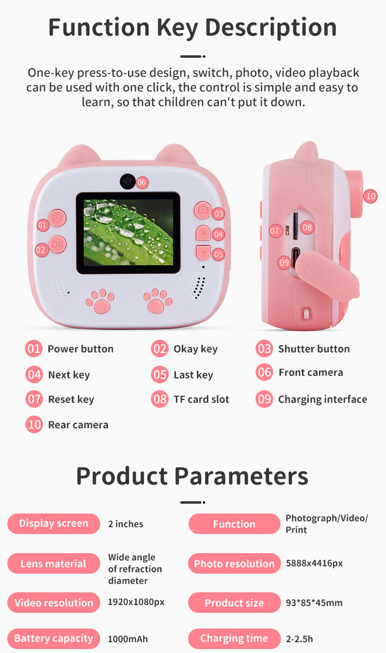 D13 HD Screen Dual Lens Kids Instant Camera Photo Thermal Printer