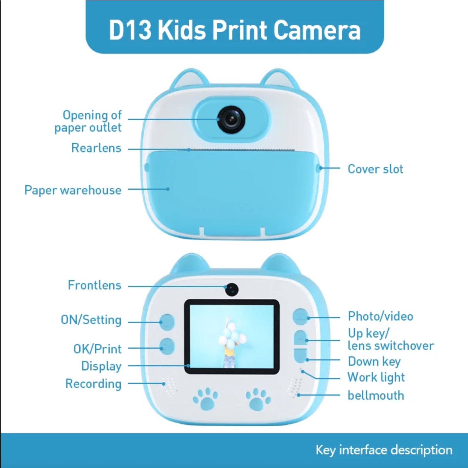 D13 HD Screen Dual Lens Kids Instant Camera Photo Thermal Printer